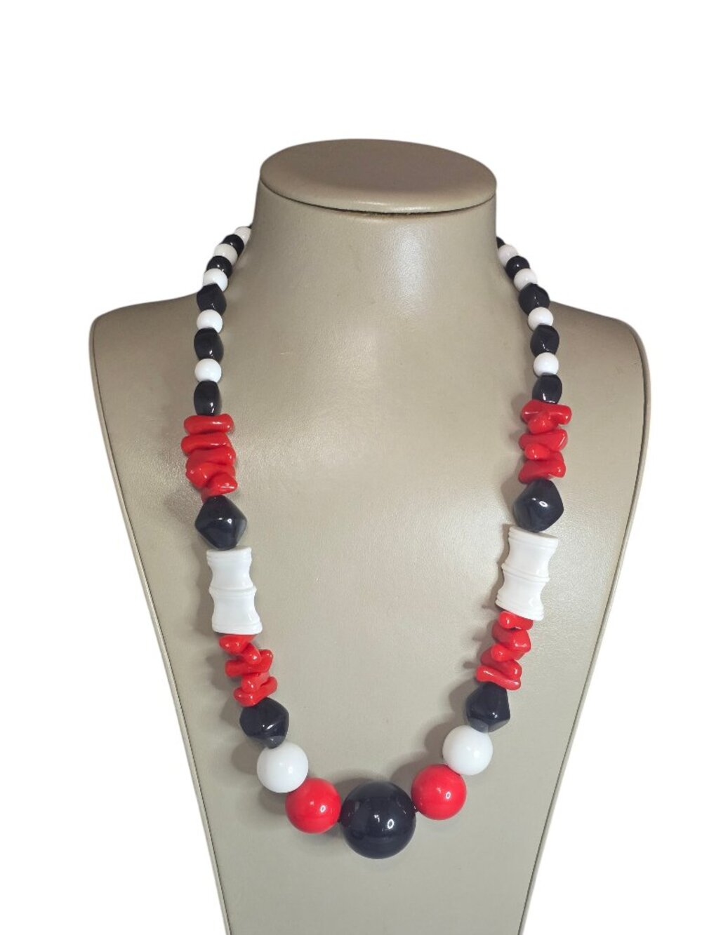 Women's Chunky Beaded Acrylic Black, Red & White Necklace